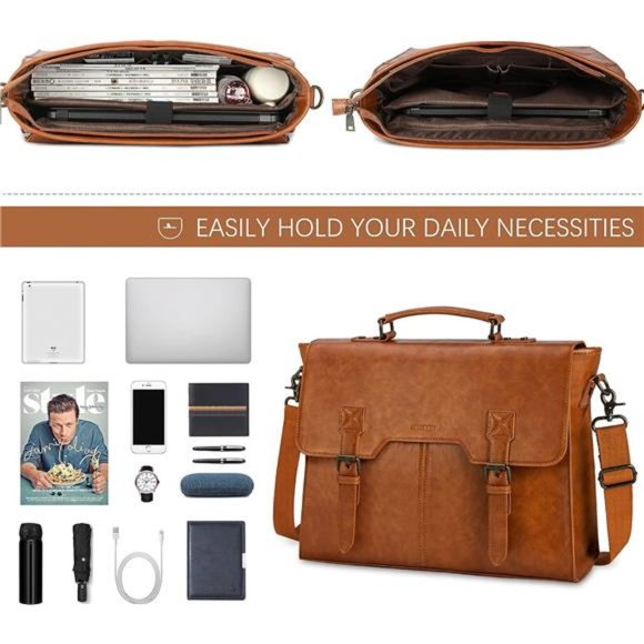 Leather Messenger Bag for Men 15.6 Inch Waterproof Laptop Briefcase Large - Picture 2 of 6